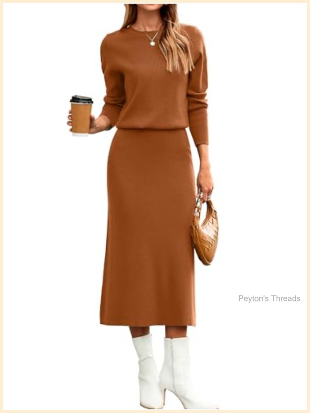 Knit Sweater and Midi Skirt Set Long Sleeve Button Cuff Fall Outfit
